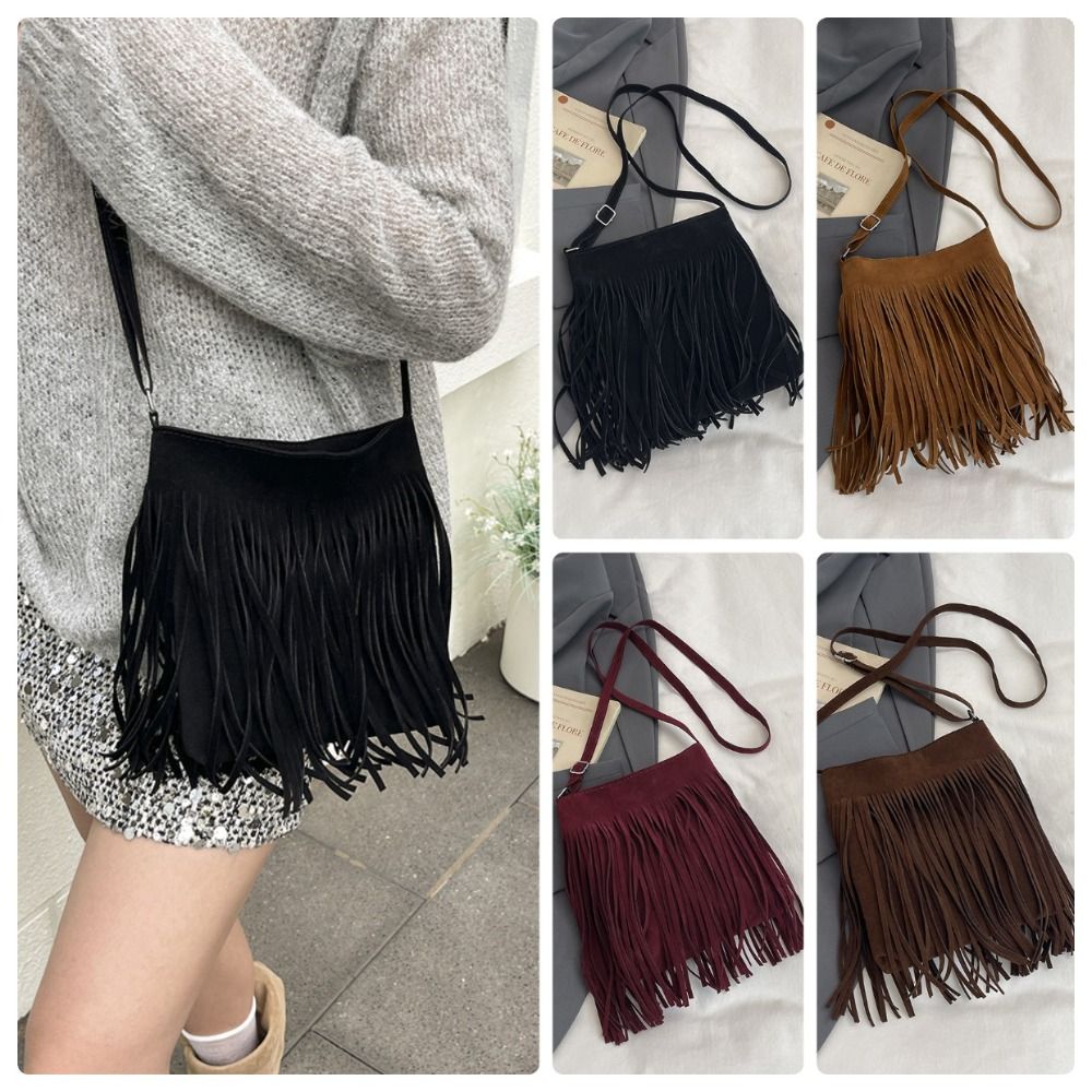 Bucket Bag Suede - Модная замшевая сумка-кроссбоди с бахромой в